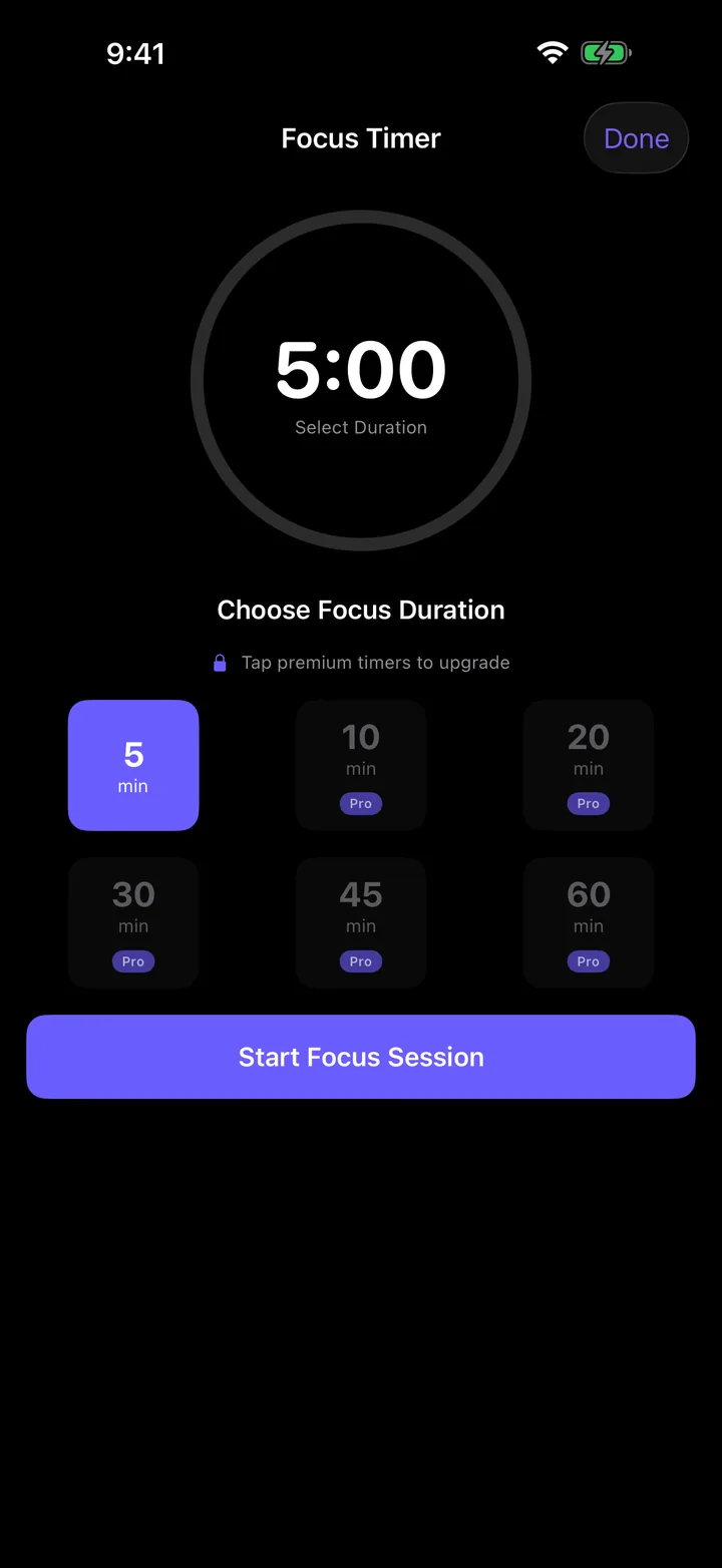 Drifta Focus Timer set to five minutes, with longer durations marked Pro.